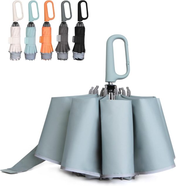 Inverted Umbrella with Carabiner Handle, Compact Wind Proof Umbrellas For Rain and Sun Protection, Portable Reverse Folding Umbrella, Car Umbrella for Women Men, 10 Ribs