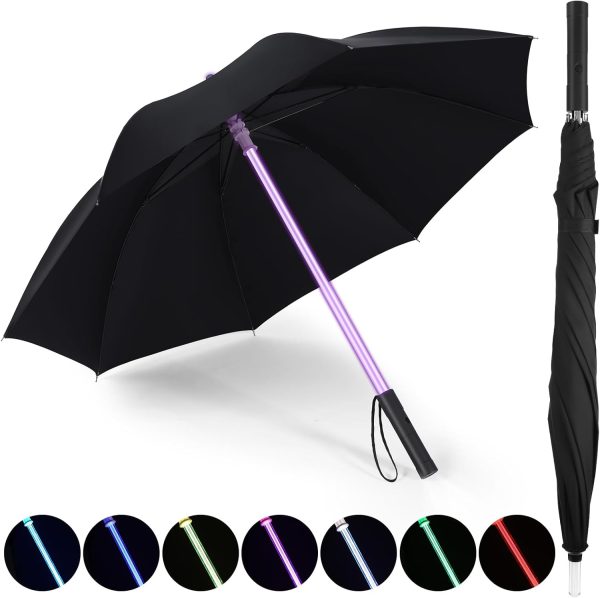 LED Umbrella Laser Sword Light up Umbrella with 7 Color Changing Effects Long Handle Straight Stick Umbrella Parasol 8 Rib Windproof Golf Umbrella with Flashlight Handle for Men Women Elder
